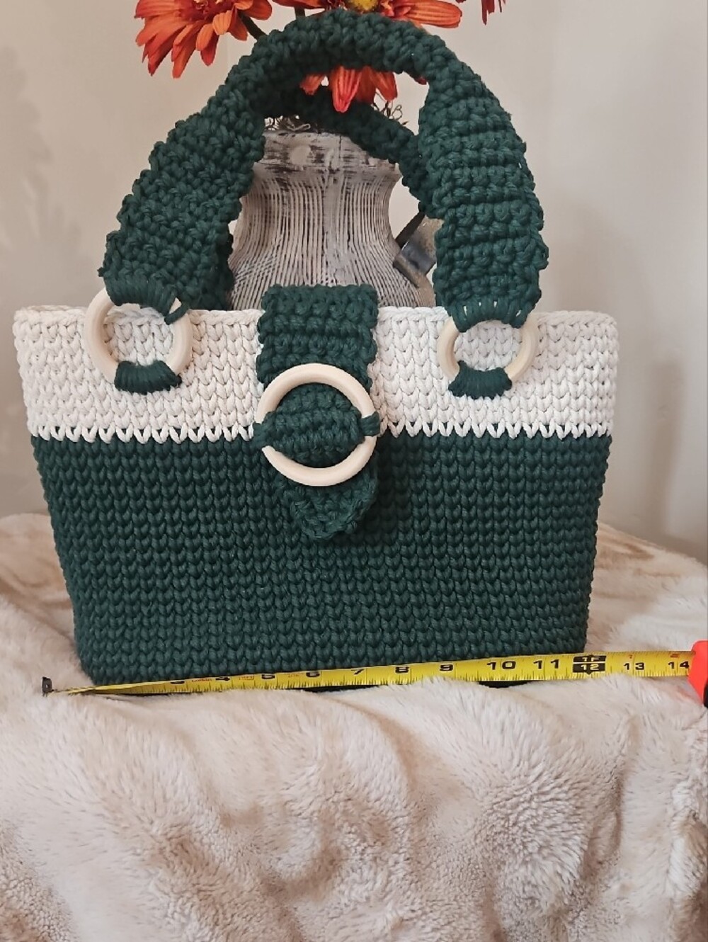 Dark Green & Off White Tote Bage Hand Crocheted By Me - Picture 3 of 5